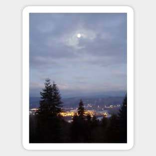 Misty Moon Over the Columbia River Sticker